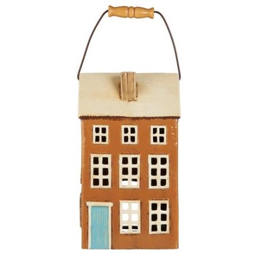 Ib Laursen - Domek bardzo duży ceramiczny na tealight Nyhavn z drewnianym uchwytem turkusowe drzwi - Ulica Ceramiczna&Home Design