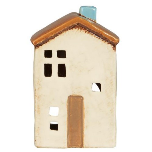 Ib Laursen - Domek ceramiczny na tealight Brighton kremowy brązowe drzwi - Ulica Ceramiczna&Home Design