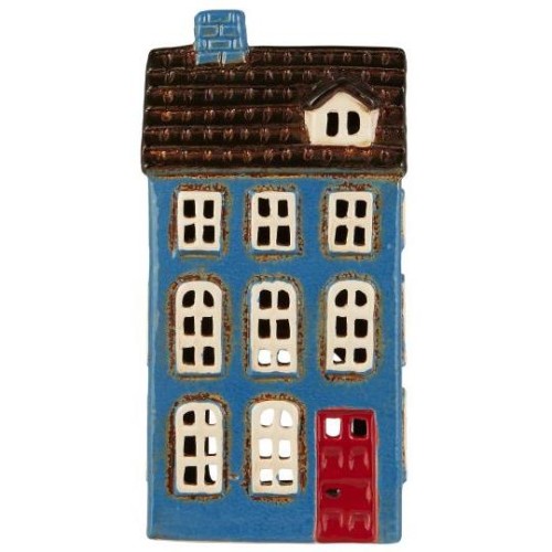 Ib Laursen - Domek ceramiczny na tealight My Home Town niebieski z czerwonymi drzwiami - Ulica Ceramiczna&Home Design