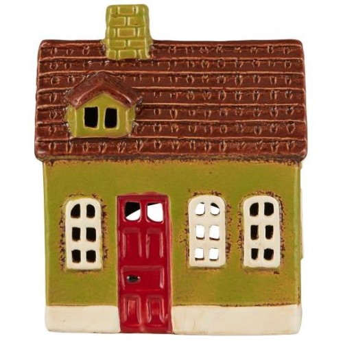 Ib Laursen - Domek ceramiczny na tealight My Home Town zielony z lukarną i czrewonymi drzwiamiami - Ulica Ceramiczna&Home Design