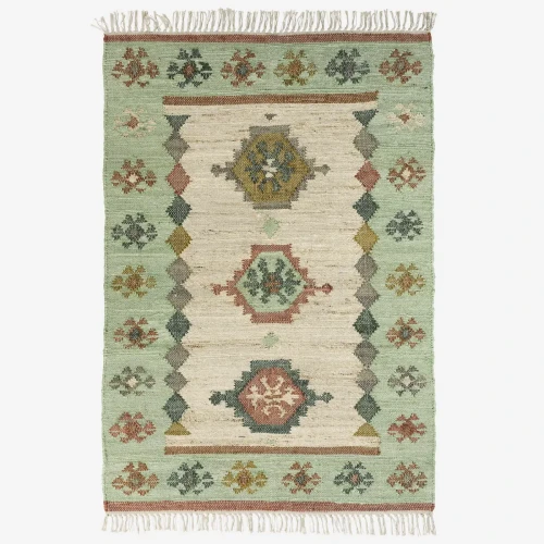 Ręcznie tkany dywan jutowy Madam Stoltz 120×180 cm w miętowych kolorach. Naturalne materiały i skandynawski styl – Ulica Ceramiczna & Home Design.