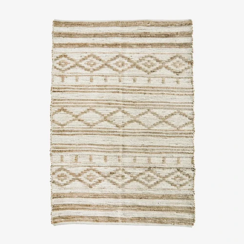 Ręcznie tkany dywan jutowo-bawełniany Madam Stoltz 120×180 cm z beżowym wzorem etnicznym. Naturalny, skandynawski styl – Ulica Ceramiczna &Home Design.