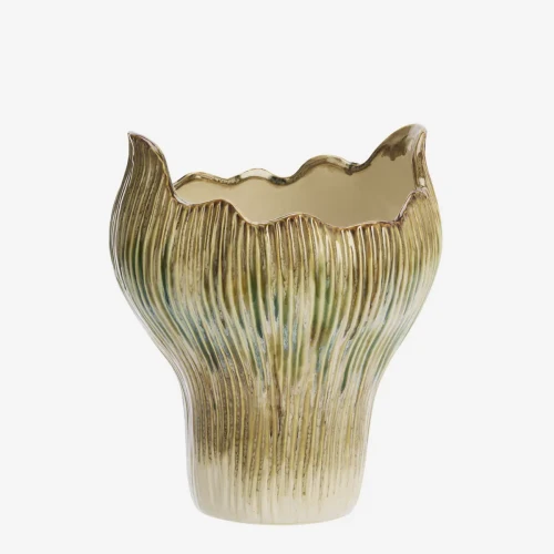 Ręcznie wykonany wazon ceramiczny Madam Stoltz z kamionki w kolorach beżu, zieleni i musztardy – unikalna dekoracja do wnętrz skandynawskich i boho | Ulica Ceramiczna