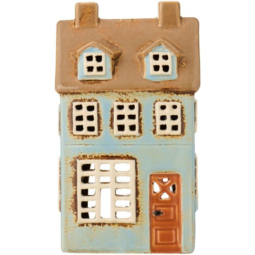 Ib Laursen - Domek ceramiczny na tealight Nyhavn 2 okna dachowe jasnoniebieska fasada dostępny w Ulica Ceramiczna & Home Design