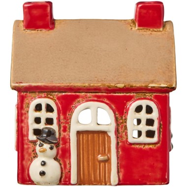 Ib Laursen - Domek ceramiczny świąteczny na tealight czerwony z bałwankiem