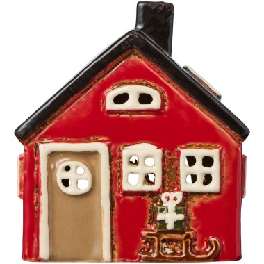 Ib Laursen - Domek ceramiczny świąteczny na tealight czerwony z prezenetem na saniach