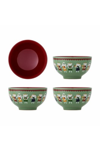 Bloomingville Peo – zestaw 4 ceramicznych misek w zielonym i czerwonym kolorze z motywem świątecznych myszek.