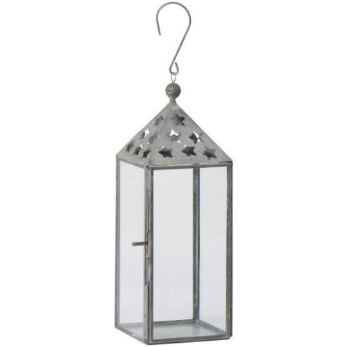 Metalowy lampion Ib Laursen ze szklanymi ściankami i wyciętymi gwiazdkami w daszku – dekoracja do postawienia lub zawieszenia.