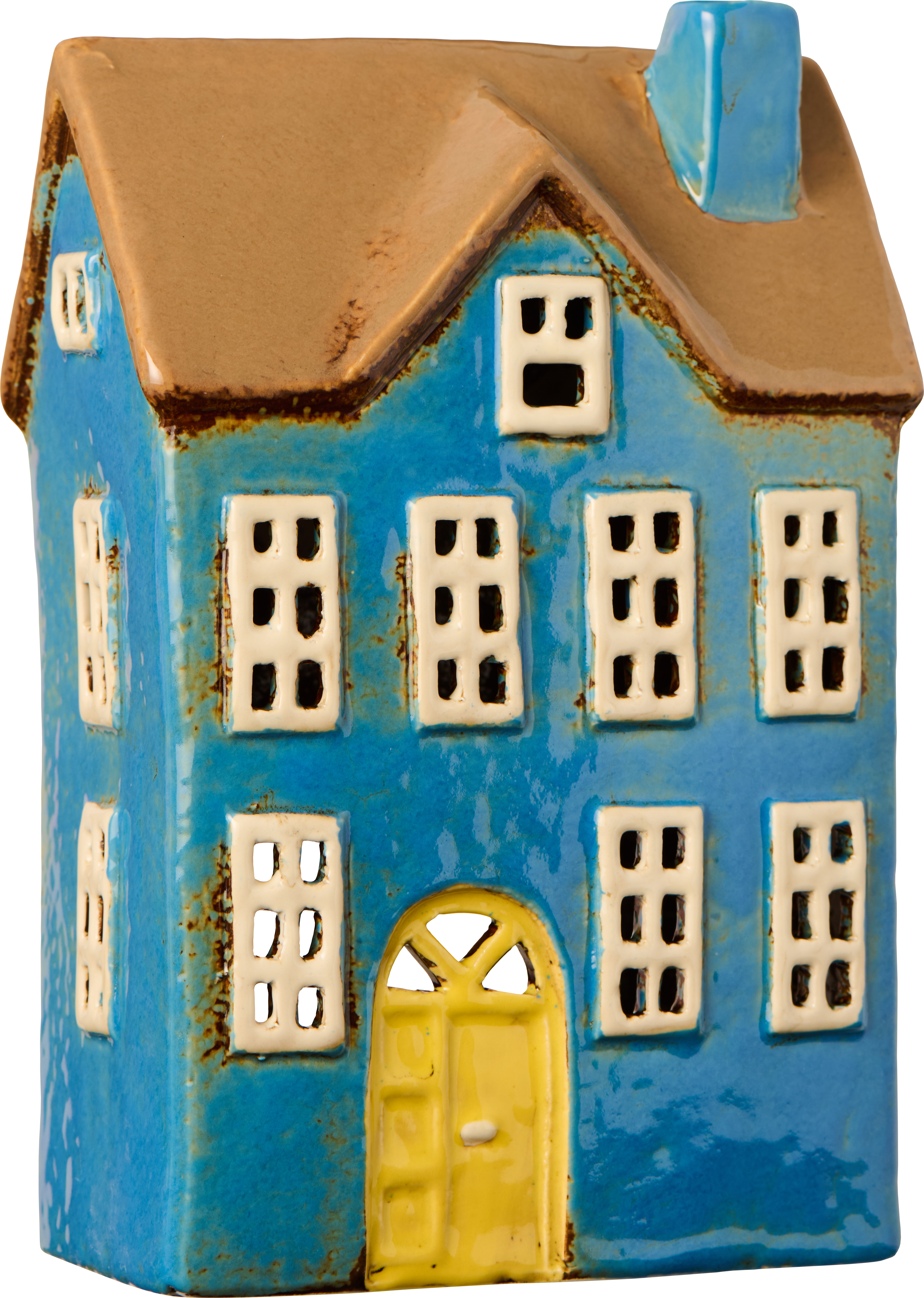 Niebieski domek ceramiczny Ib Laursen z żółtymi drzwiami